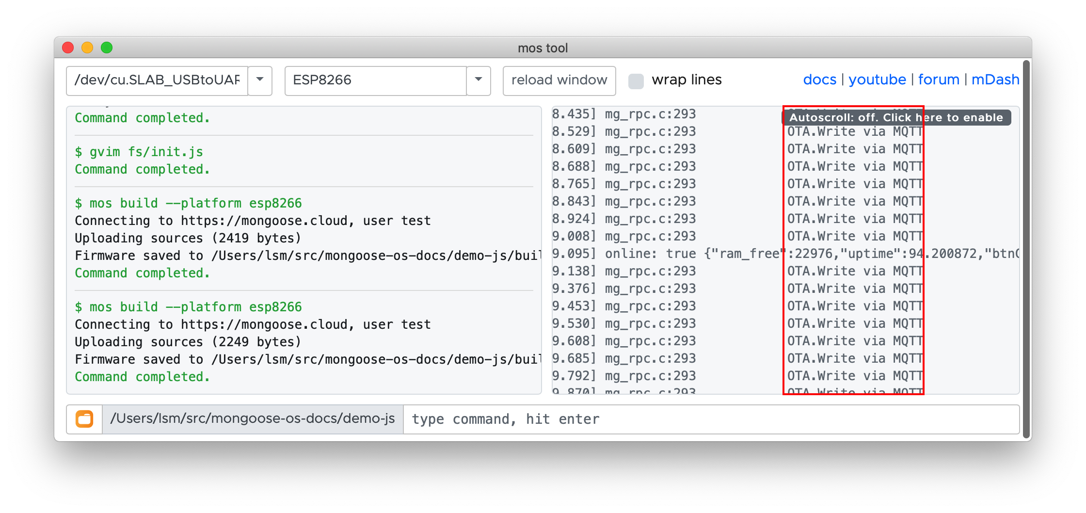 device serial logs during the OTA